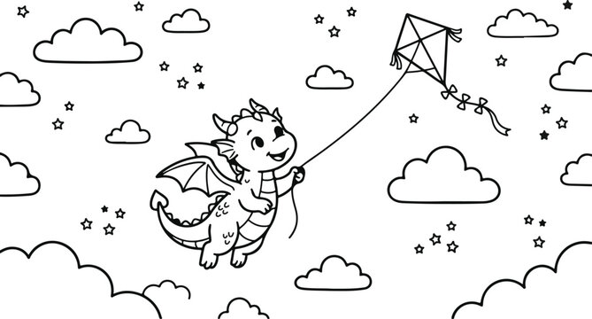 Cute dragon flying a kite. Adorable baby dragon character in a whimsical sky coloring page.