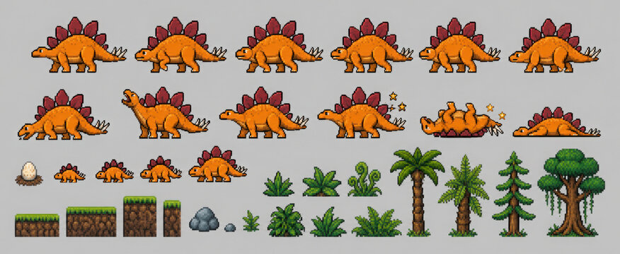 Pixelated stegosaurus in dynamic retro 8-bit style, perfect for engaging children's educational dinosaur games.