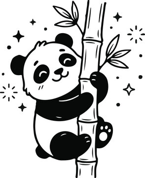 Cute baby panda hugging bamboo. Vector illustration of a happy bear climbing a plant.