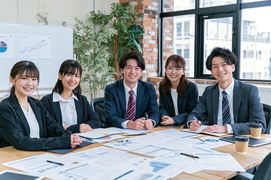 若手ビジネスマンと女性が会議室で笑顔のチームワーク