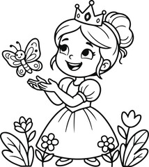 Fototapeta premium Cute princess coloring page for kids. Little girl with crown and butterfly line art drawing.