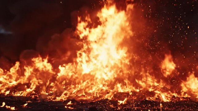 Intense fire explosion with flying debris and bright flames