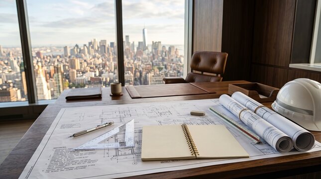 Architect reviewing urban cityscape blueprints on wooden table. Professional designer analyzing construction plans with panoramic skyline view.