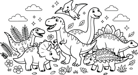Cute dinosaur coloring page for kids. Cartoon prehistoric animals in a fun jungle scene. © Md