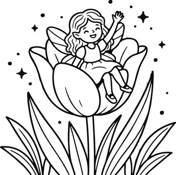 Cute fairy sitting in a tulip flower. Little magical pixie character for coloring page.