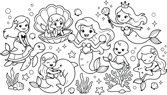 Cute mermaid coloring page for kids. Kawaii sea creatures and underwater characters illustration.