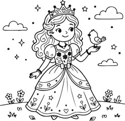 Fototapeta premium Cute princess coloring page for kids. Little girl character with bird in fairy tale style.