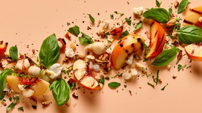 A vibrant summer composition with grilled peach salad ingredients scattered dynamically across a pastel apricot background, fresh herbs and nuts creating natural movement