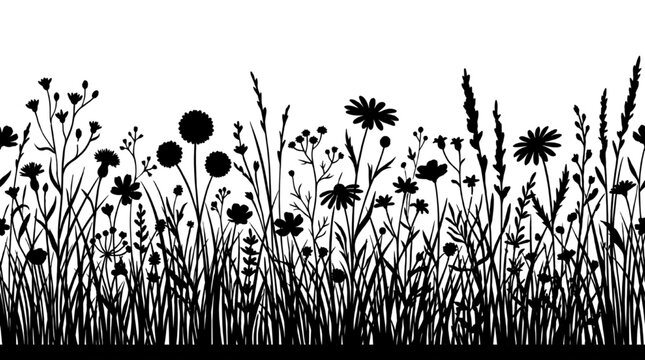 Elegant black vector silhouette of wild meadow flowers and field grass