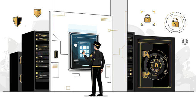 Cybersecurity guard secures server room with digital lock and data vault