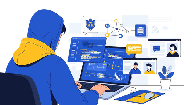 Cybersecurity programmer coding on laptop, online security, data protection graphics
