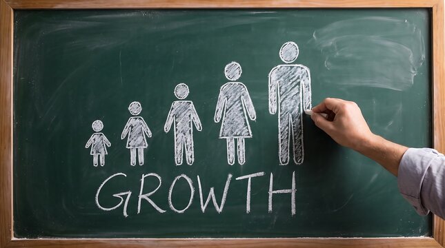 Human growth stages drawn on chalkboard. Personal development and life cycle concept.