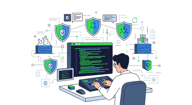 Cybersecurity Protection System Concept, Hacker Protecting Data, Network Security