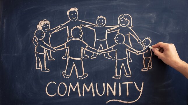 Chalk drawing of people holding hands. Concept of community and social unity.