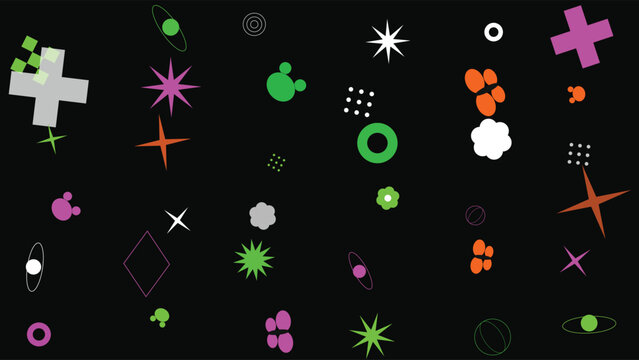 Abstract Y2K Geometric Shape Collection with Neon Colors on Black Background - Trendy Retro Futuristic Graphic Design Elements for Posters, Web, and Social Media Branding