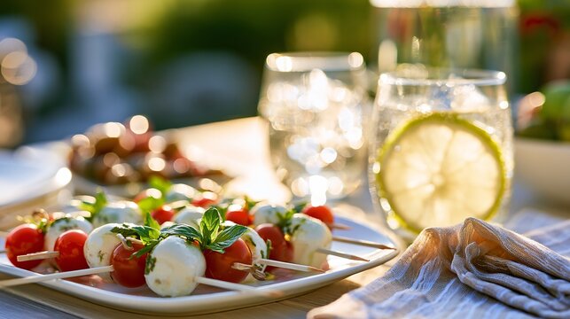 A bright outdoor garden party table featuring Caprese skewers served alongside citrus water and linen napkins under soft summer sunlight