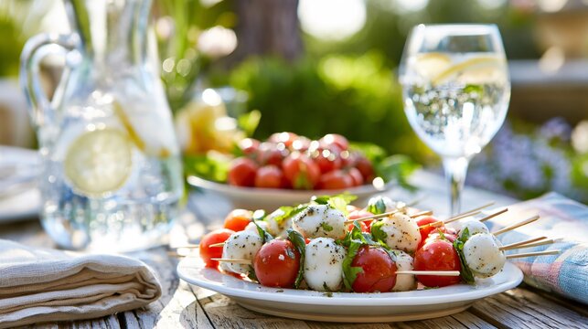 A bright outdoor garden party table featuring Caprese skewers served alongside citrus water and linen napkins under soft summer sunlight