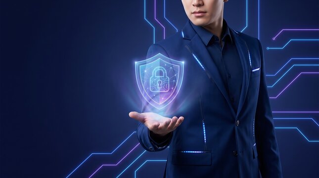 Businessman holding digital shield. Cyber security expert protecting data with tech hologram.