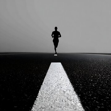 Solitary runner silhouette on highway with white line for journey and progress concept