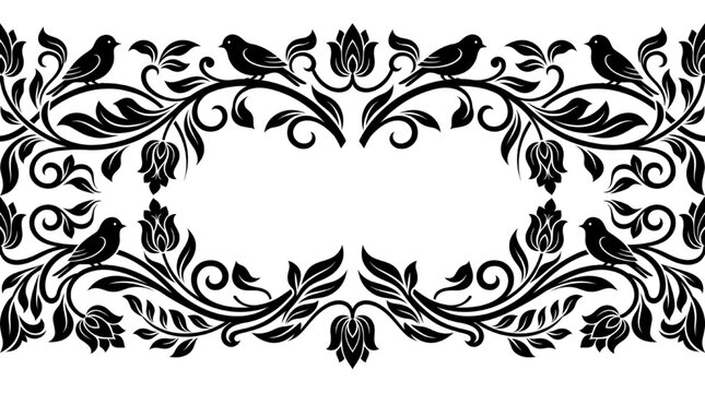 Seamless vintage floral border with birds and elegant botanical patterns in black and white