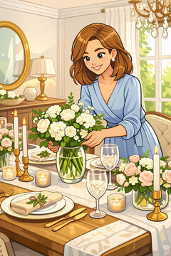 Elegant Woman Arranging Floral Centerpiece for a Beautiful Dining Table Setting