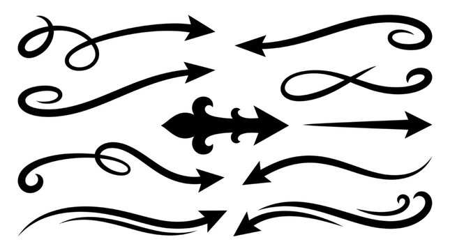 Collection of elegant black decorative arrows and flourishes on a white background