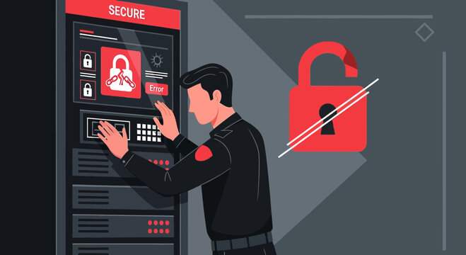 Cybersecurity Expert Interacting with Secure Server Panel, Unlocked Padlock Icon