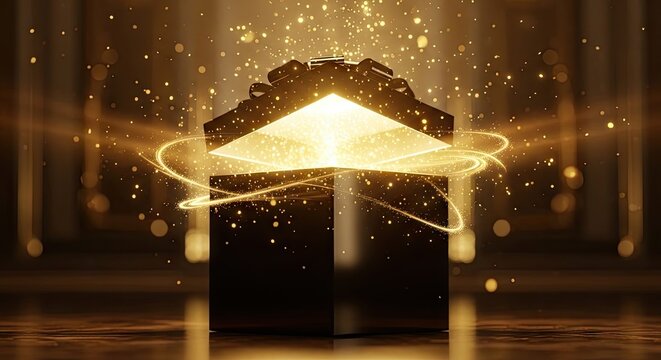 Dark opening container releasing bright golden light and sparkling particles