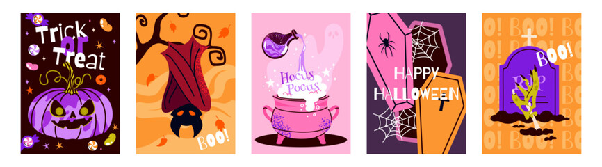 Fototapeta premium Cute spooky Halloween poster collection with ghost, pumpkin, haunted house, witch cauldron, coffin, vampire, black cat, spider and creepy decorative elements. Vector greeting card templates.