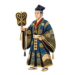 Obraz premium Man in Traditional Japanese Formal Attire Holding Decorative Fan