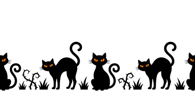Seamless Border Pattern Featuring Silhouetted Black Cats With Glowing Orange Eyes for Halloween