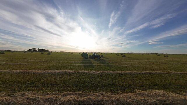 Baler releasing a bale of wheat. Argentina