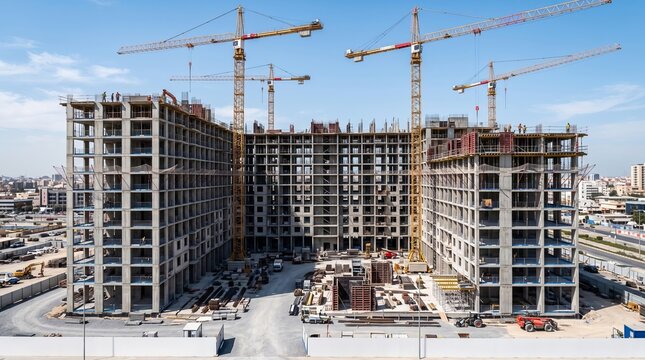 Modern apartment complex under active construction with tower cranes. High-rise residential building development site in urban expansion phase.