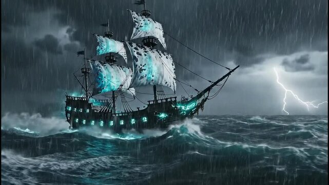 Ghostly Pirate Ship Sailing Stormy Ocean Waves Lightning Rain Cinematic Eerie Ghost Vessel Fantasy