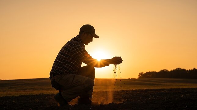 Farmer holding soil in hands at sunset. Agricultural worker checking earth in a field.