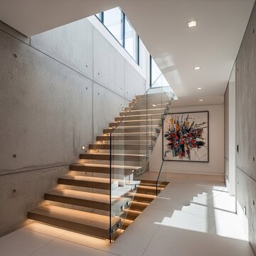 Modern residential interior showcases an illuminated open staircase ascending past raw concrete walls and contemporary artwork