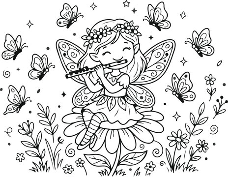 Cute fairy playing flute on a flower. Whimsical woodland sprite coloring page for kids.