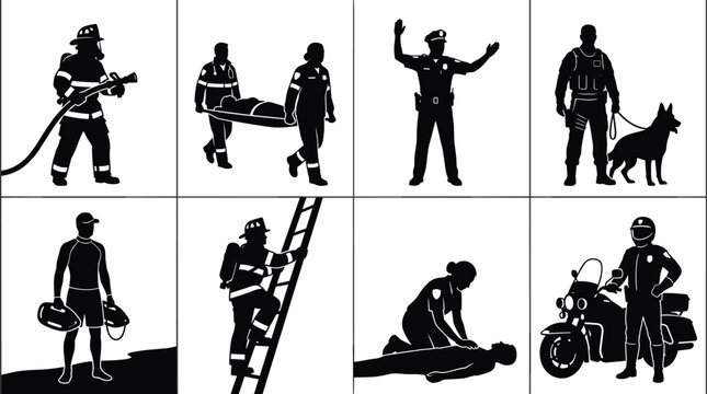 Emergency services vector silhouette set featuring firefighters police officer paramedic lifeguard and police dog isolated on white background