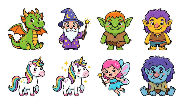 Collection of fantasy creatures dragon, wizard, unicorn, fairy, and trolls