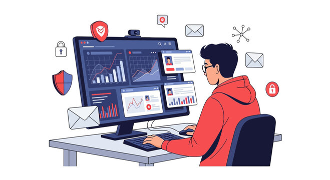 Cybersecurity analyst working on computer with security dashboards