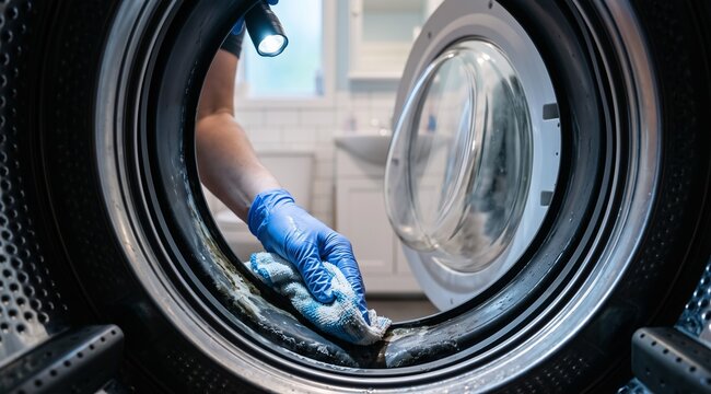 Person in Rubber Gloves Cleaning Moldy Rubber Seal of Front Load Washing Machine with Rag and Flashlight, View from Inside Drum, Appliance Maintenance and Hygiene Concept