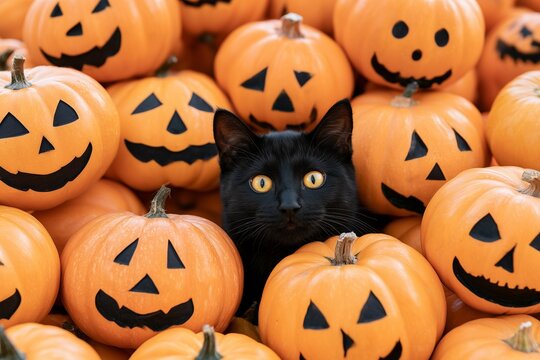 Cute Black Cat with Bright Yellow Eyes Peeking Out from Pile of Orange Carved Halloween Jack-O-Lantern Pumpkins, Concept of Halloween Holiday, Festive Pets, Spooky Season, and Autumn Celebration.