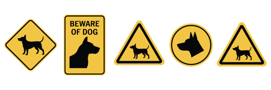 Dog beware sign vector icon featuring guard dog warning symbol, caution notice, danger pictogram, security alert, flat illustration for safety signage.