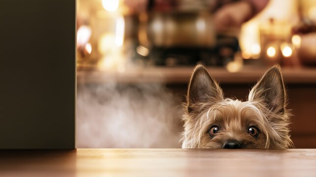 Small Terrier Dog Peeking over Wooden Kitchen Table Edge Begging for Food with Warm Lights and Steam in Background, Concept of Funny Pet Behavior, Home Cooking, and Domestic Life.