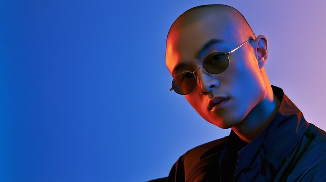 Close-up Fashion Portrait of Cool Young Asian Man with Shaved Head Wearing Oval Sunglasses in Dramatic Blue and Orange Neon Light, Concept of  Asian Youth Culture, and Edgy Eyewear Trends.