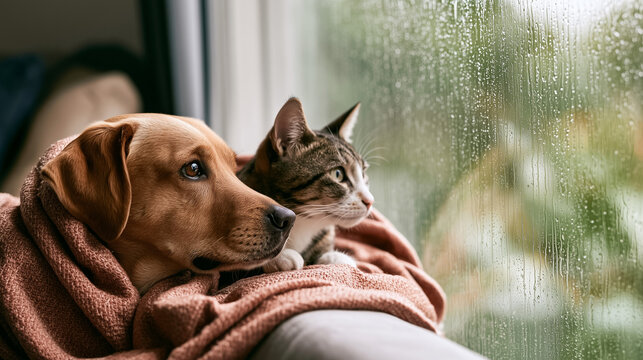 Dog and Cat Wrapped in Warm Knitted Blanket Sitting Together by Window Looking at Raindrops on Glass, Concept of Pet Friendship. Excellent for Pet Care Care Marketing, Veterinary Insurance.