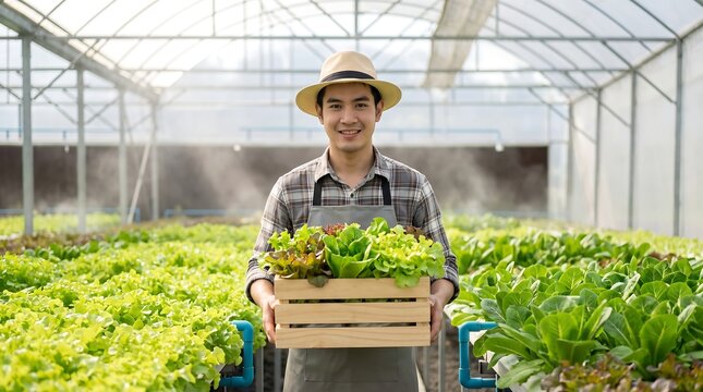 Asian farmer holding fresh lettuce in greenhouse. Organic vegetable grower harvesting crops.