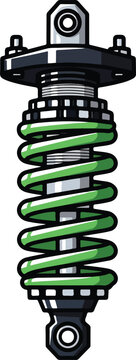 Illustration of a green coilover shock absorber for performance automotive suspension.