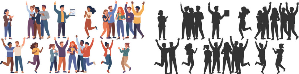 Obraz premium Celebrating People Group Collection with Black Silhouette Set for Team Success Event and Achievement Vector Illustration