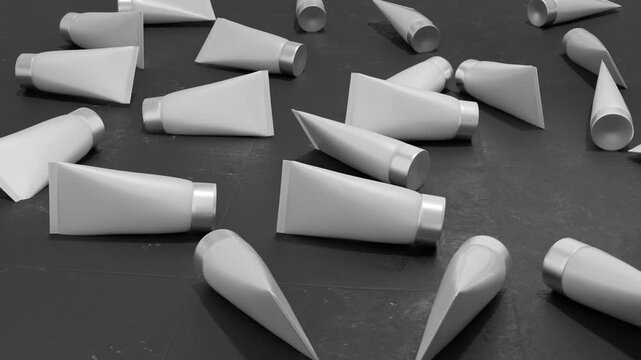 Blank Cosmetic Cream Tubes Scattered on Dark Surface 3D Animation. 4K